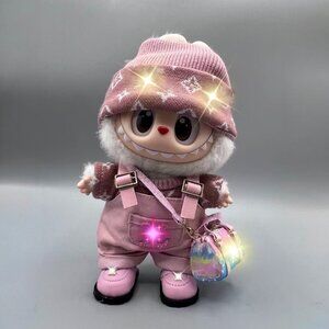 Pink 3 Pieces Overall With Shoes + Purse Fits For Labubu Doll